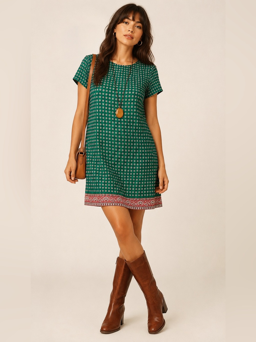 JCrew Geometric Pattern Short Sleeve Midi Shift Dress | Green | Size 6